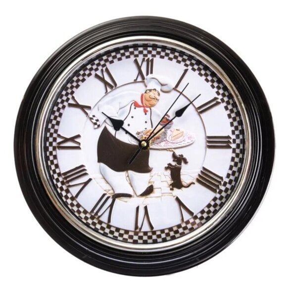 Wall Clock Fat Italian Chef French Baker Analog Battery Round White Black 12 in - Picture 1 of 16
